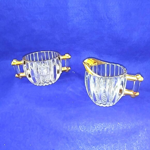 Creamer Sugar Set Jeanette Glass Co 24K Gold Decorated Hobnail Ribbed Vintage - Picture 6 of 11
